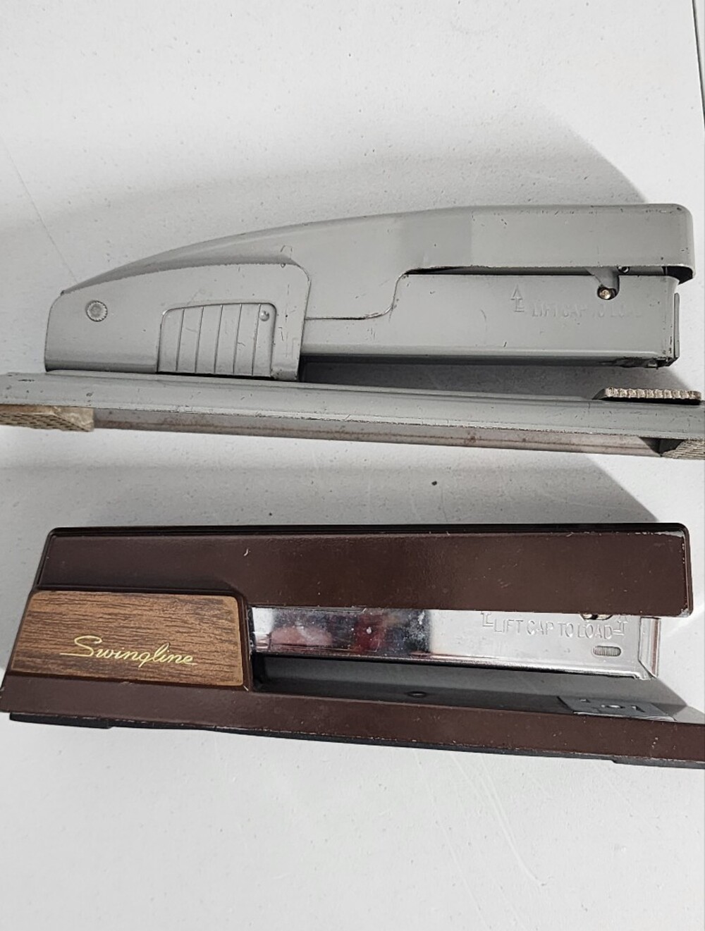 Vintage LOT Swingline 767 And 400 Brown Wood Grain Gray w/ Chrome Metal Staplers